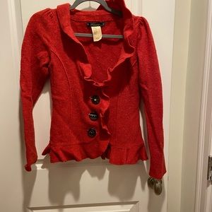 100% wool red fitted  ruffled cardigan